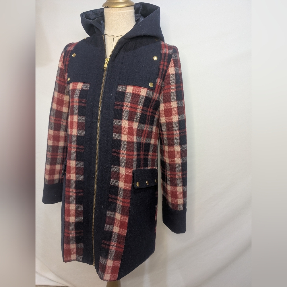 Madchen Navy/Red Plaid Wool Utility Jacket S Taylor Swift Zoey Deschanel - Picture 3 of 10